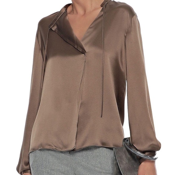 Vince Tie neck silk satin blouse in taupe. - Picture 1 of 2
